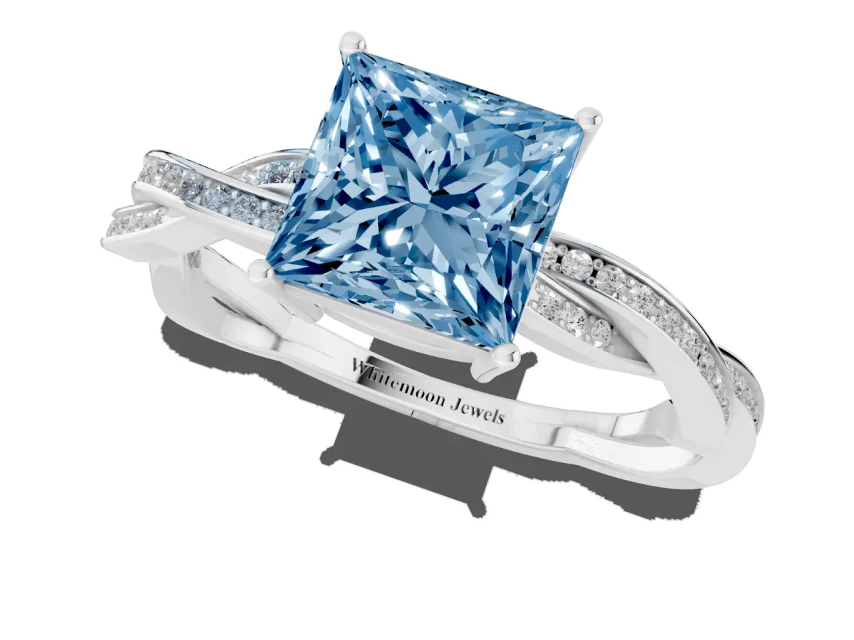 Fancy Blue Princess Cut Solitaire Twisted Pave Diamond Ring with Four-Prong Setting Silver