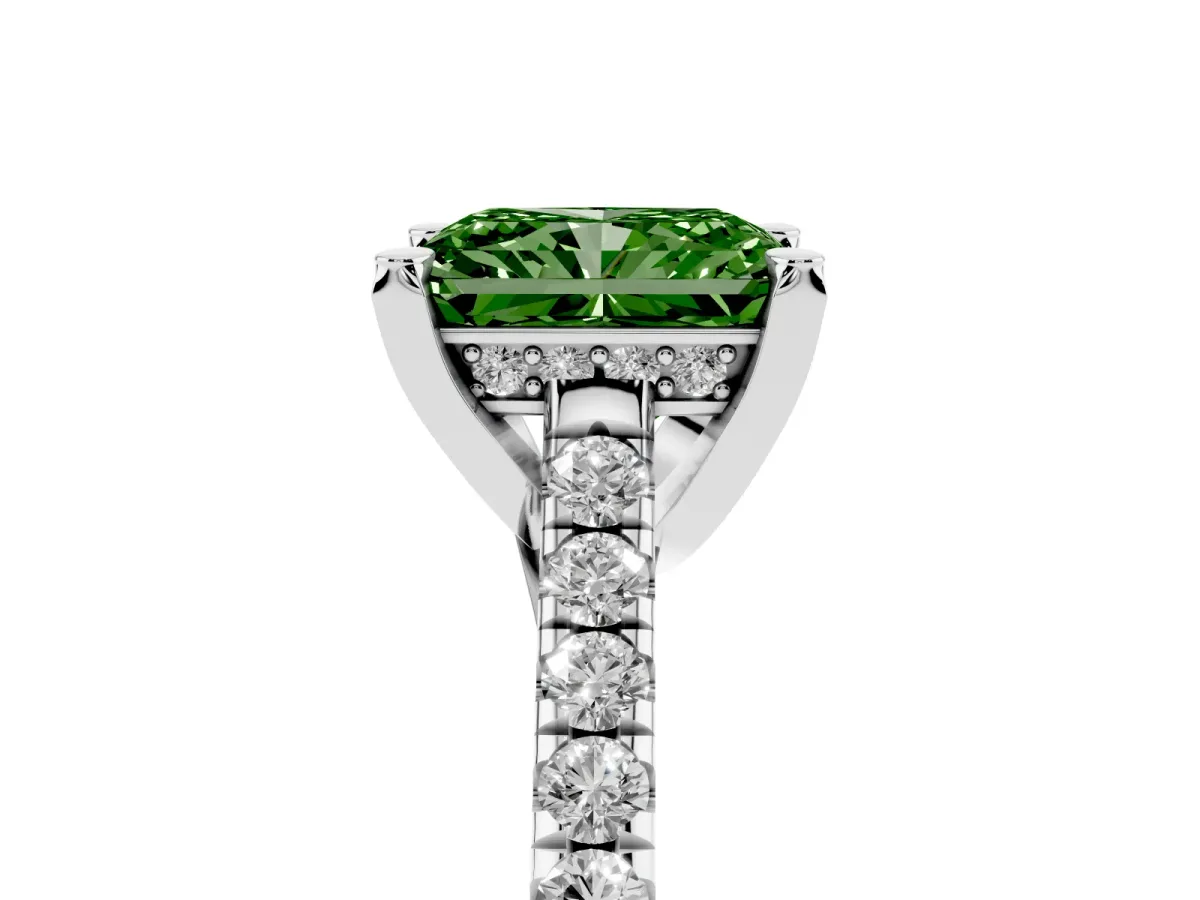 Fancy Green Radiant Cut Brilliant Diamond Solitaire with Pavé Band and Four-Prong Setting White gold
