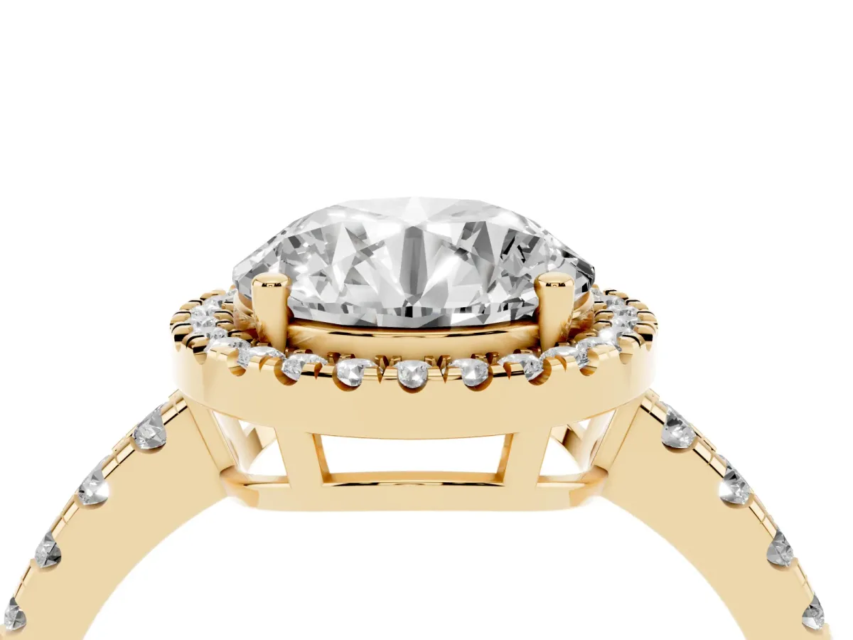 Round Cut Diamond Halo Ring with Pavé Band and Four-Prong Setting Yellow gold