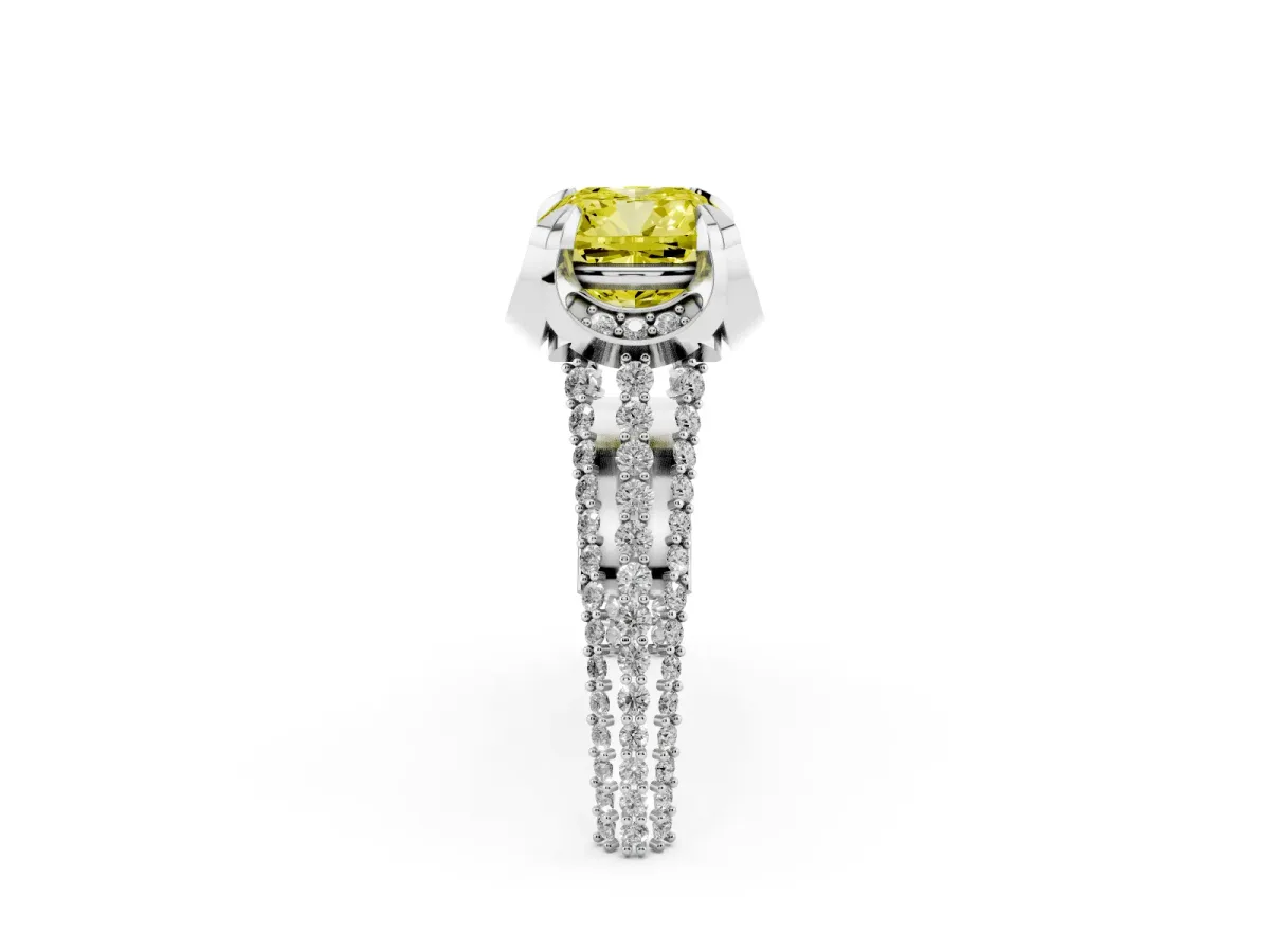 Fancy Yellow Cushion Cut Solitaire Pave Split Shank Ring with Four-Prong Setting Silver