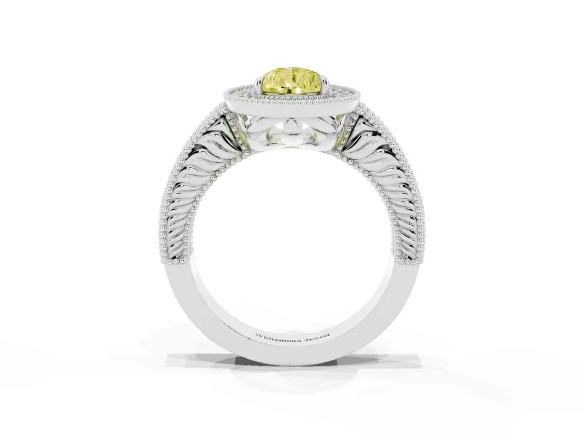 Fancy Yellow Pear Cut Cut Halo Diamond Ring with Pavé Band and Four-Prong Setting White gold