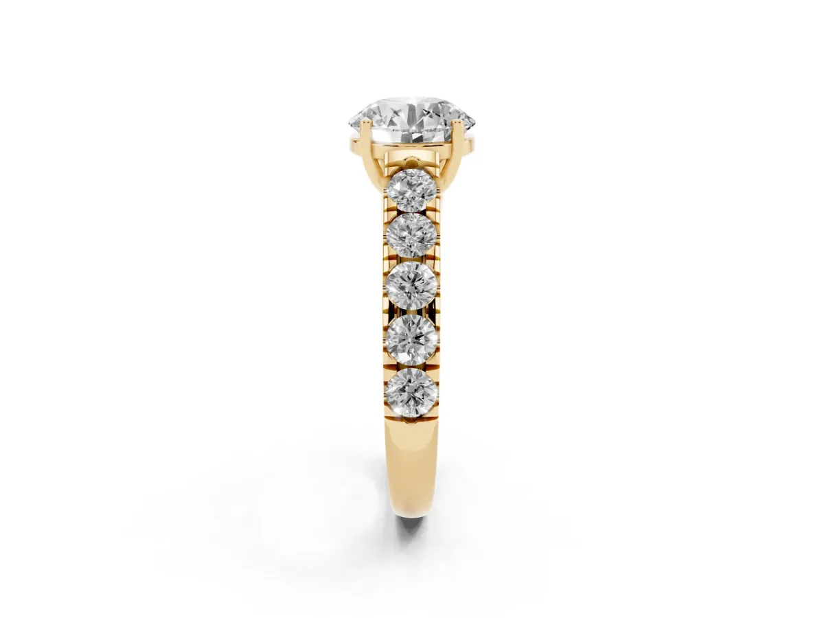 Round Cut Cut Diamond Solitaire Ring with Micro Pave Band and Prong Setting Yellow gold