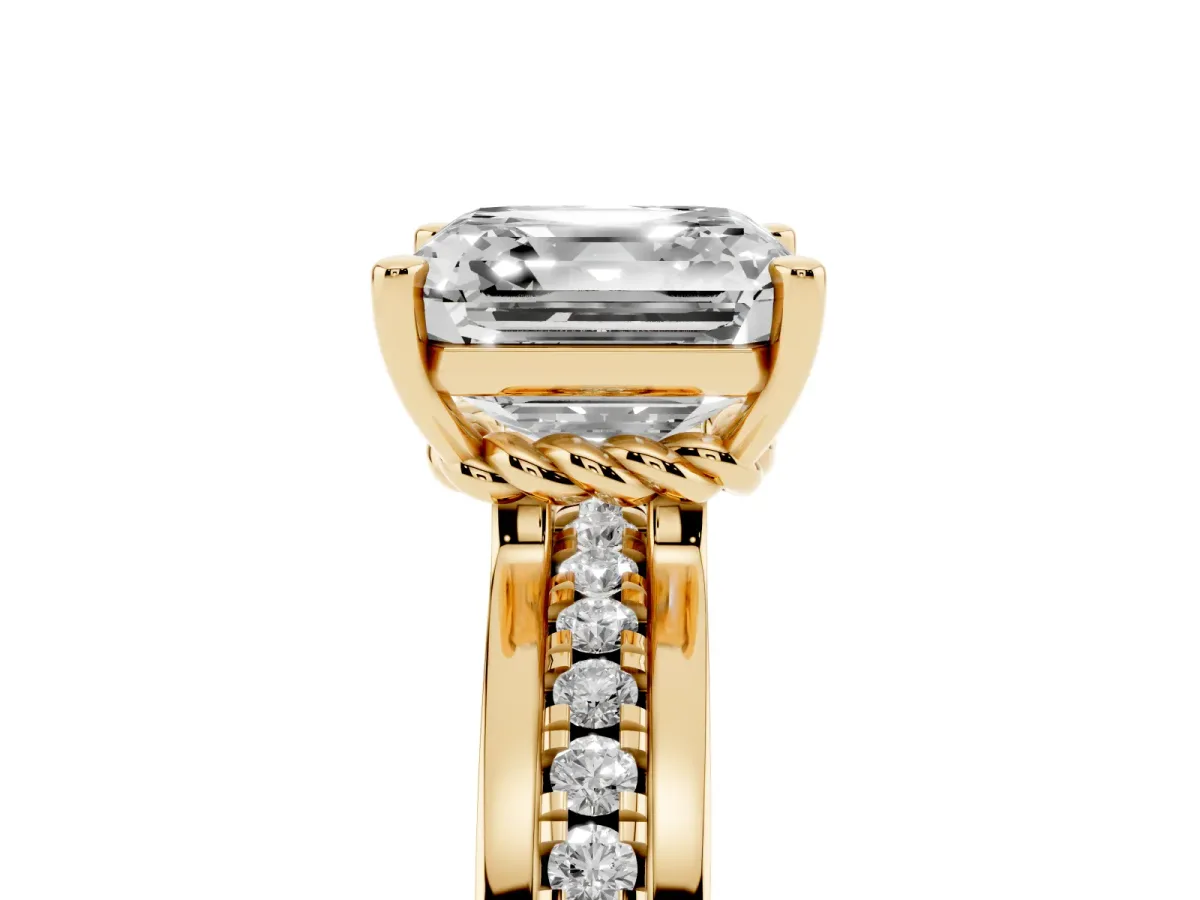 Asscher Cut Solitaire Diamond Ring with Channel Set Band and Six-Prong Setting Yellow gold
