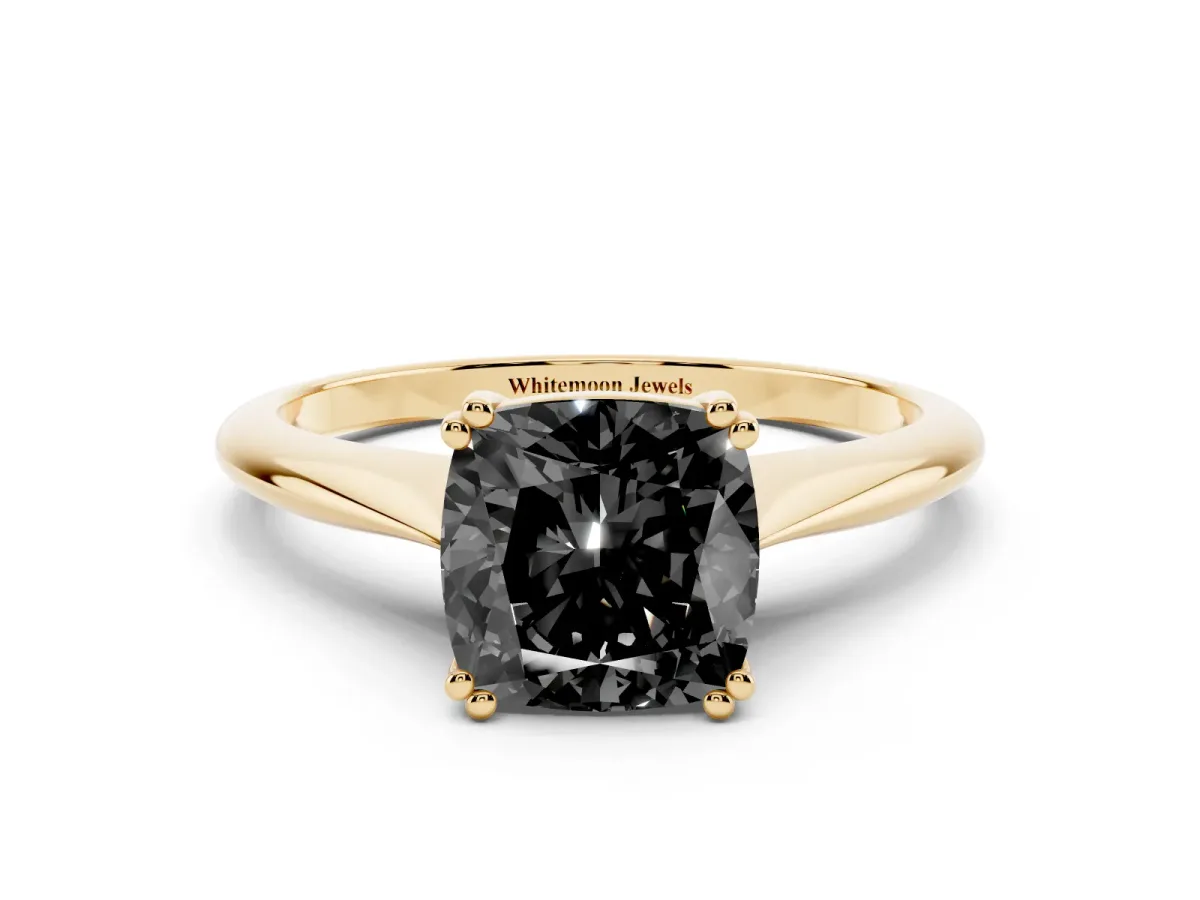 Fancy Black Cushion Cut Solitaire Diamond Ring with Six-Prong Setting and Classic Band Yellow gold