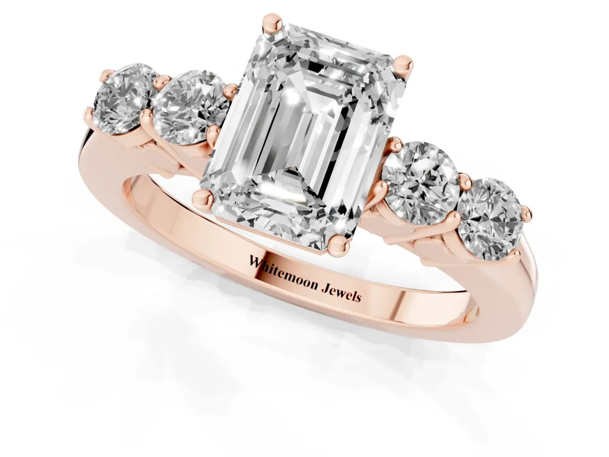 Emerald Cut Cut Diamond Five-Stone Prong Set White Gold Ring Rose gold