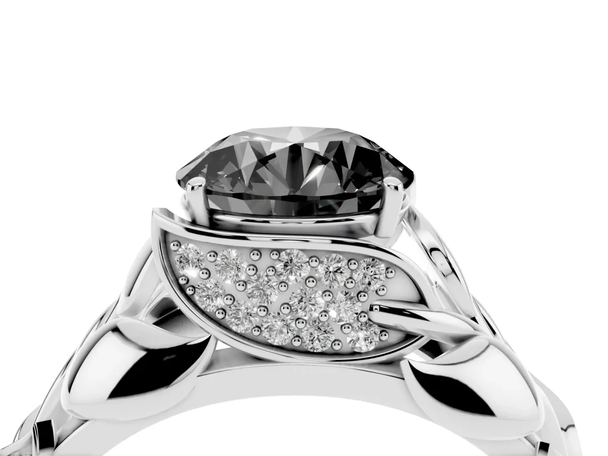 Fancy Black Round Cut Diamond Leaf-Inspired Engagement Ring with Round Accents and Prong Setting Silver