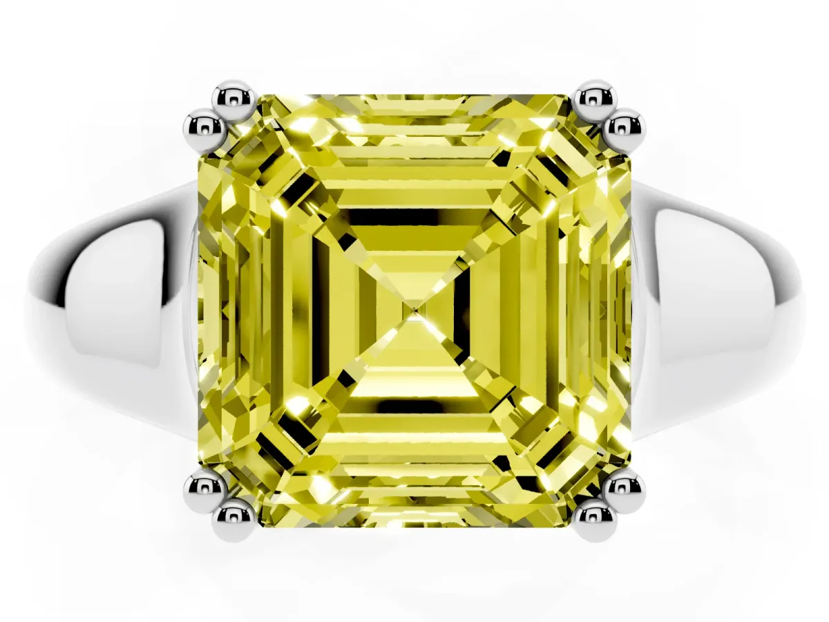 Fancy Yellow Asscher Cut Diamond Solitaire Ring with Wide Band and Prong Setting Platinum