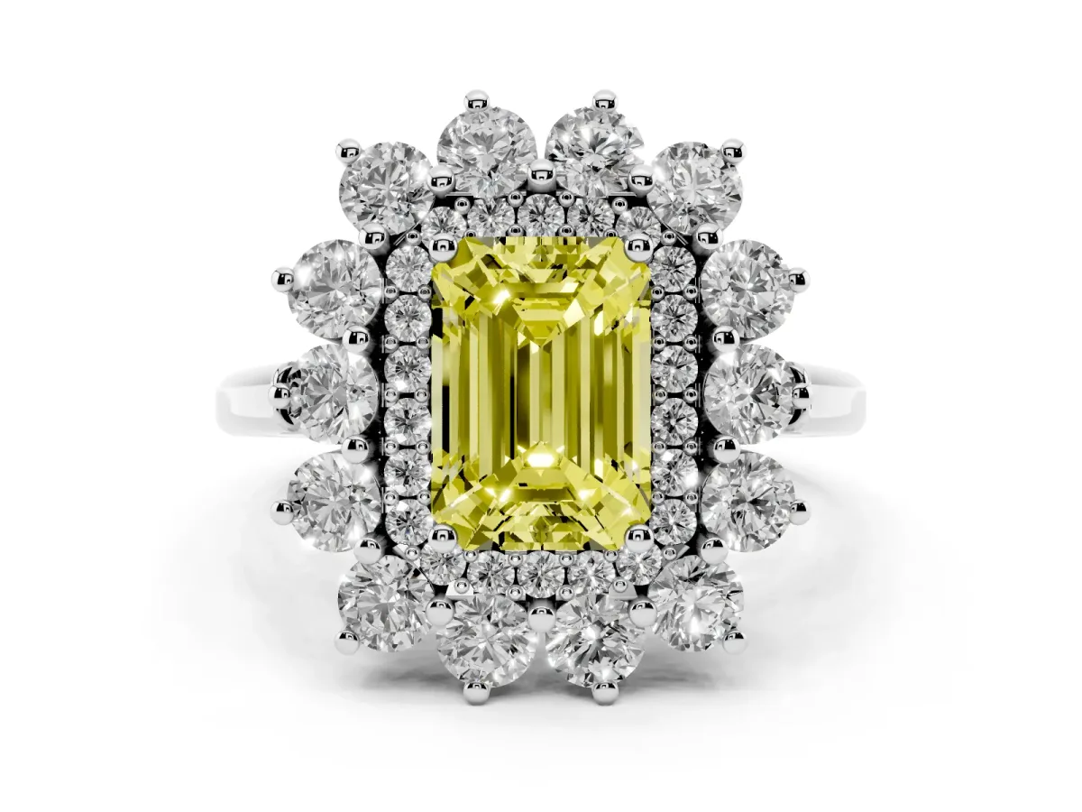 Fancy Yellow Emerald Cut Diamond Floral Double Halo Engagement Ring with Prong Setting Silver