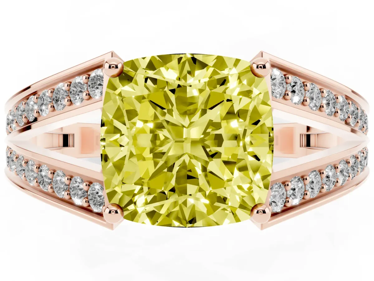 Fancy Yellow Cushion Cut Diamond Split Shank Ring with Pavé Band and Four-Prong Setting Rose gold