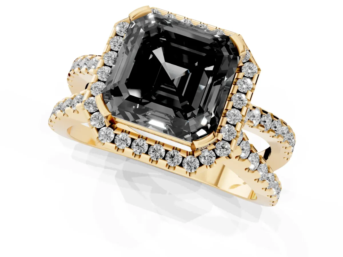 Fancy Black Asscher Cut Diamond Halo Ring with Split Shank Pavé Band and Prong Setting Yellow gold