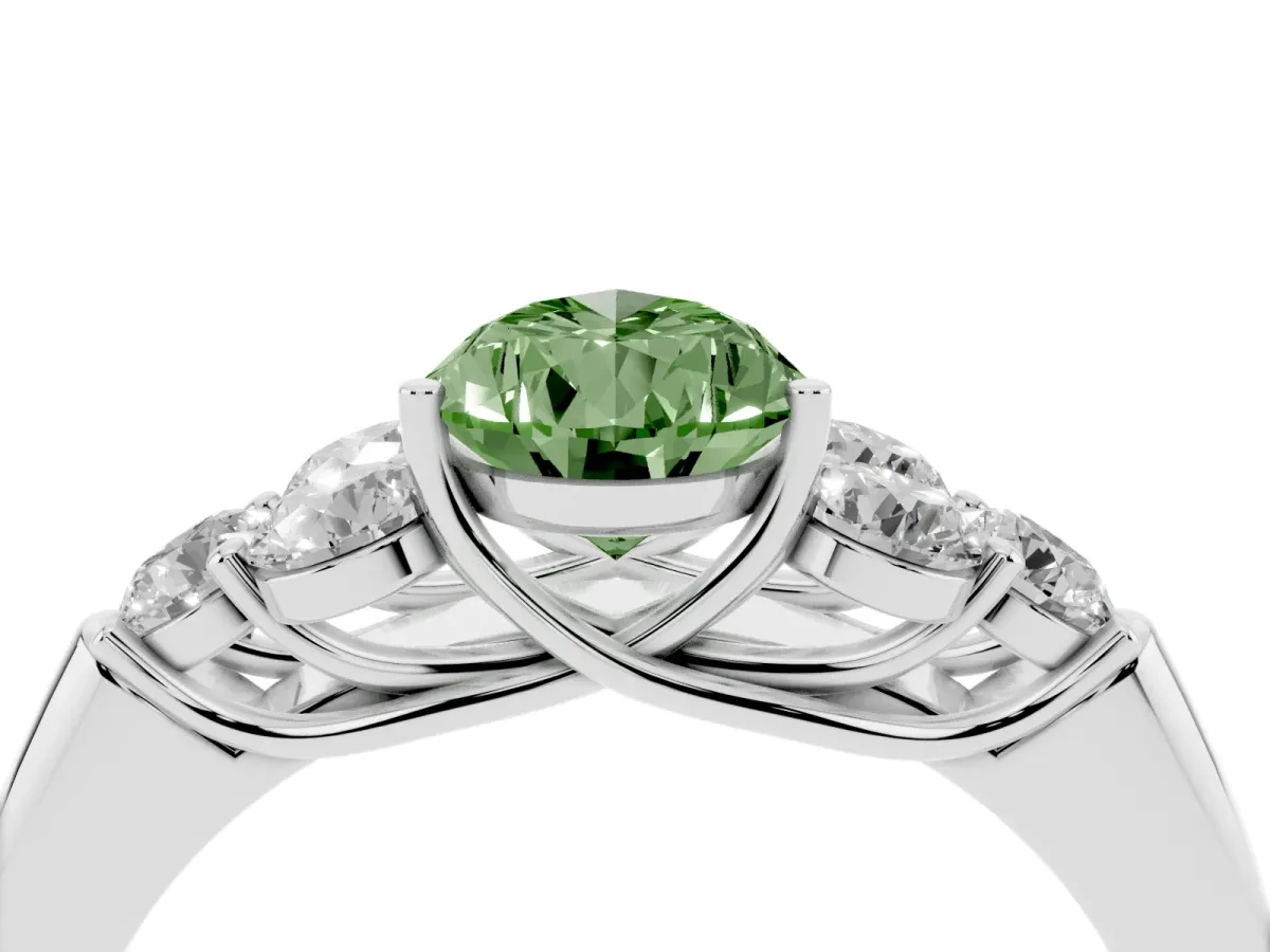 Fancy Green Pear Cut Cut Diamond Cluster Ring with Round Accent Stones and Prong Setting on a Classic Band White gold