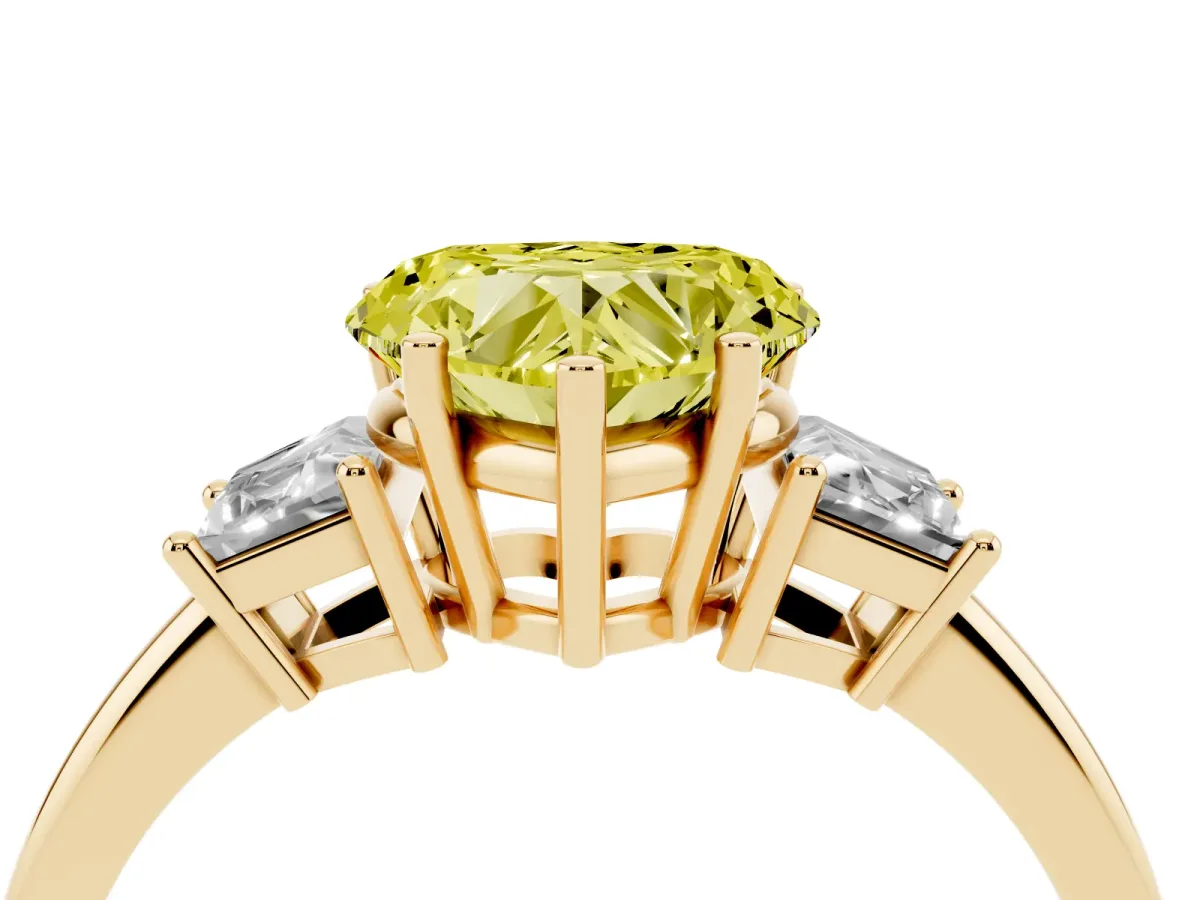 Fancy Yellow Heart Cut Diamond Three-Stone Ring with Trapezoid Side Stones and Prong Setting Yellow gold