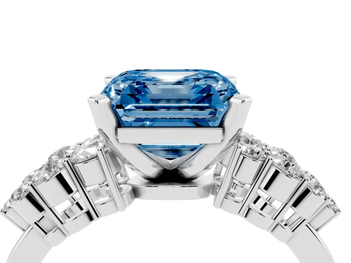 Fancy Blue Asscher Cut Cluster Diamond Engagement Ring with Pavé Band and Four-Prong Setting Silver