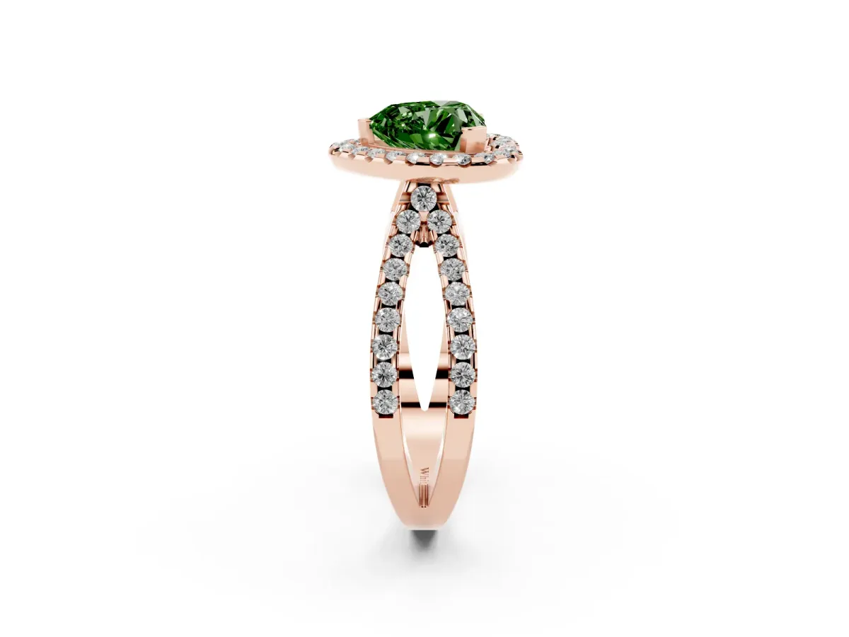 Fancy Green Heart Cut Diamond Halo Ring with Split Shank Pavé Band and Prong Setting Rose gold