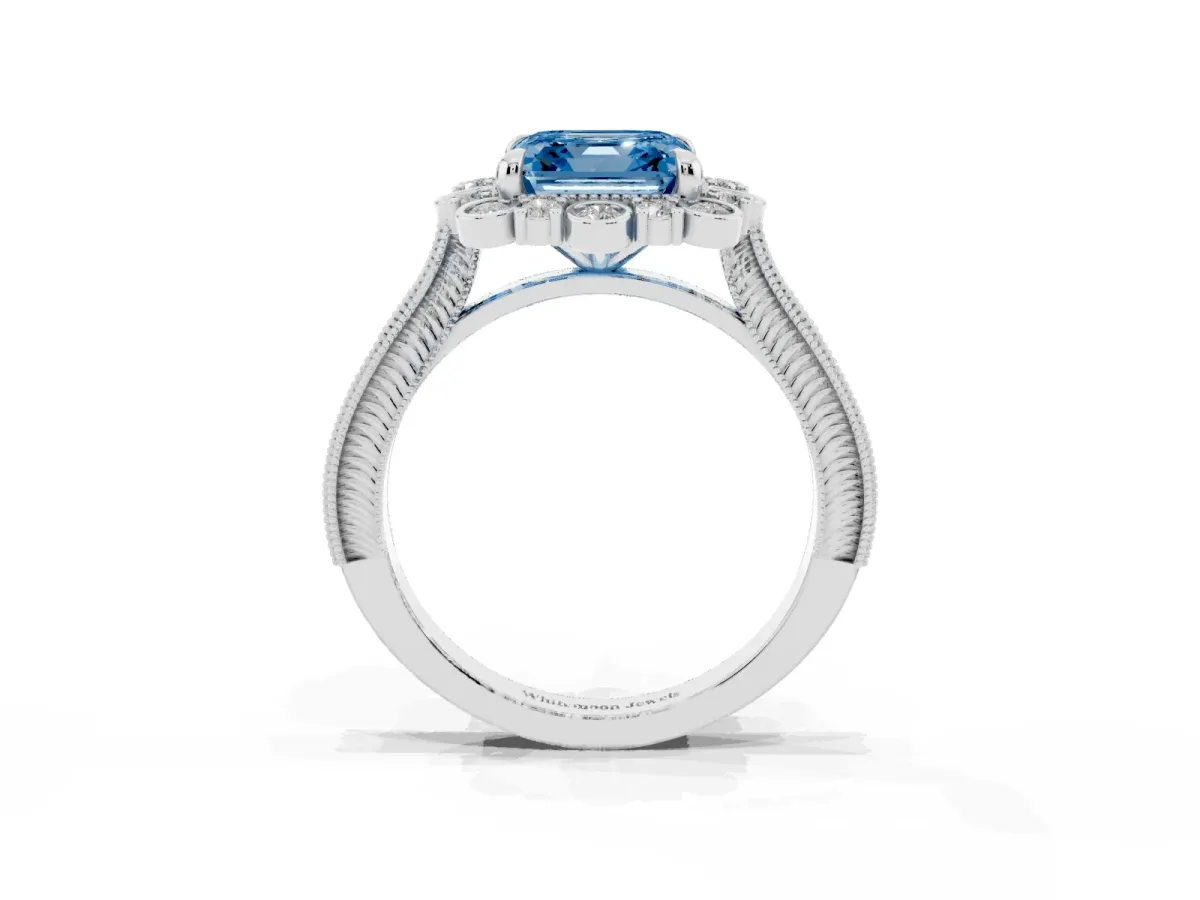 Fancy Blue Asscher Cut Halo Milgrain Pave Diamond Ring with Four-Prong Setting Silver