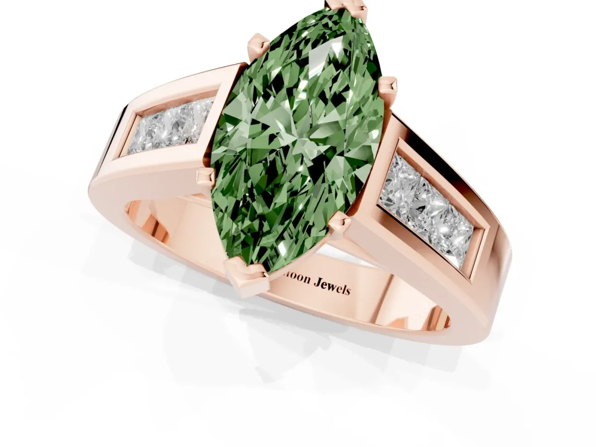 Fancy Green Marquise Cut Cut Channel Set Solitaire Ring with Four-Prong Setting Rose gold