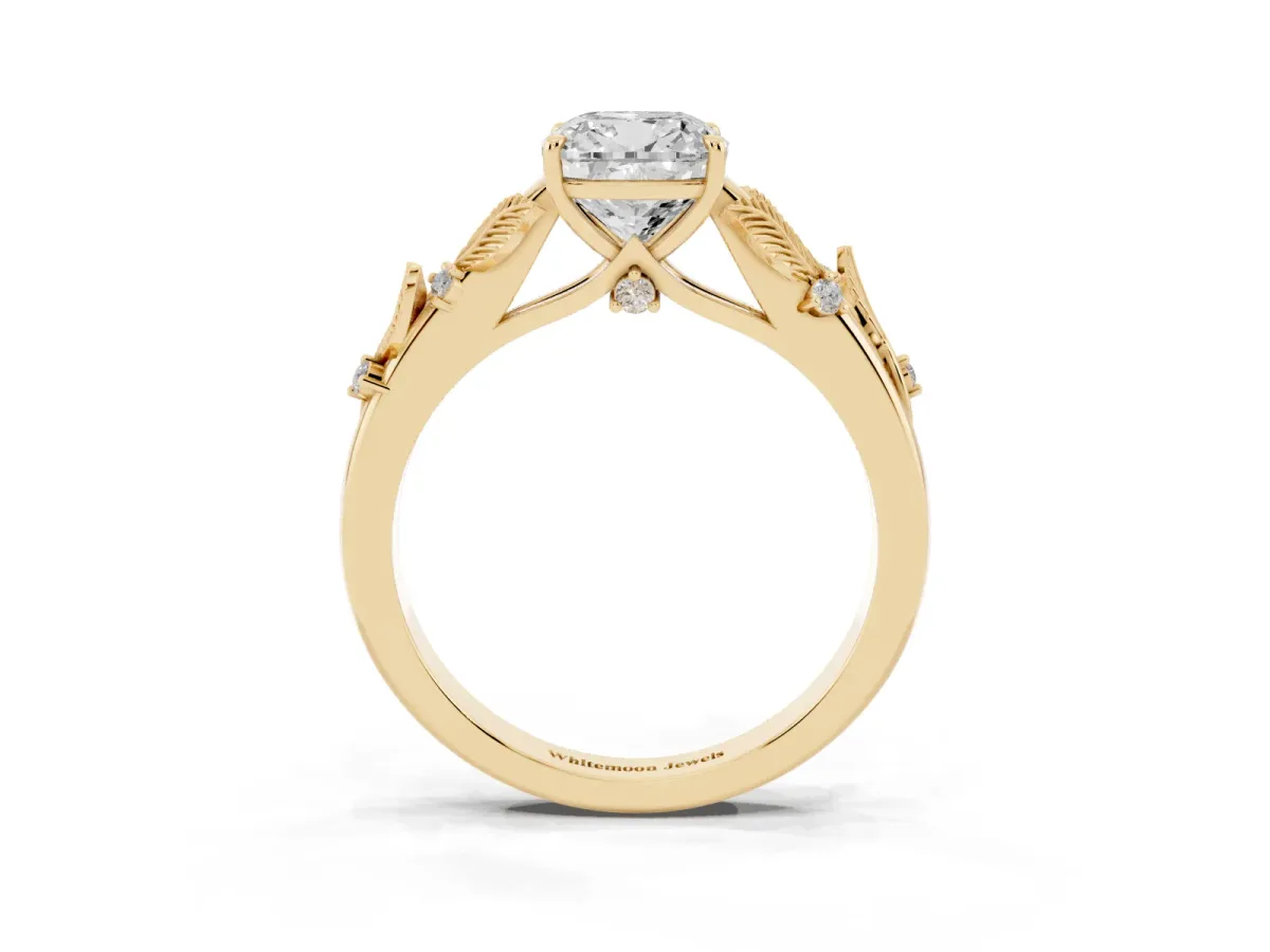 Cushion Cut Diamond Solitaire Ring with Leaf Motif Band and Four-Prong Setting Yellow gold