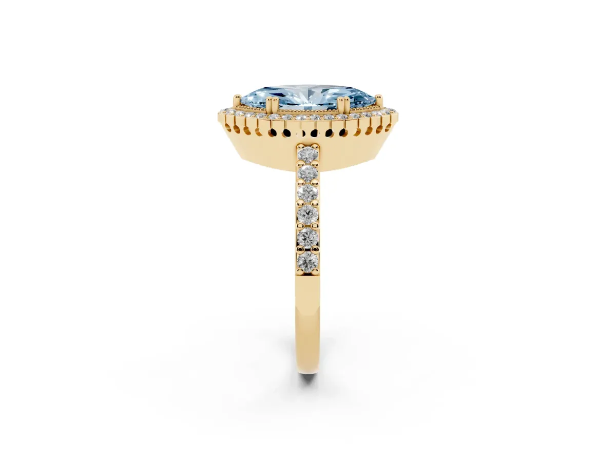 Fancy Blue Marquise Cut Cut Diamond Halo Engagement Ring with Milgrain Detail and Pavé Band Yellow gold
