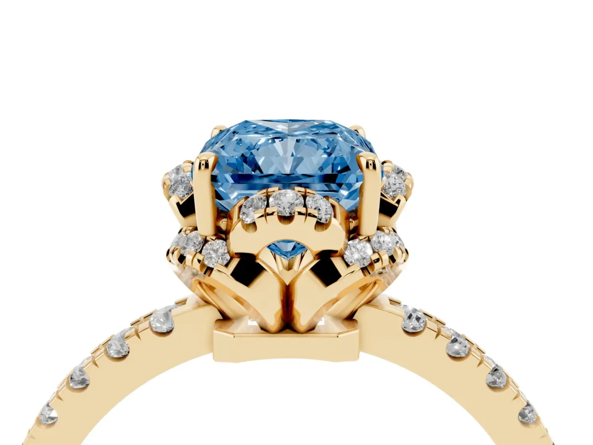 Fancy Blue Radiant Cut Diamond Halo Pave Band with Four-Prong Setting Yellow gold