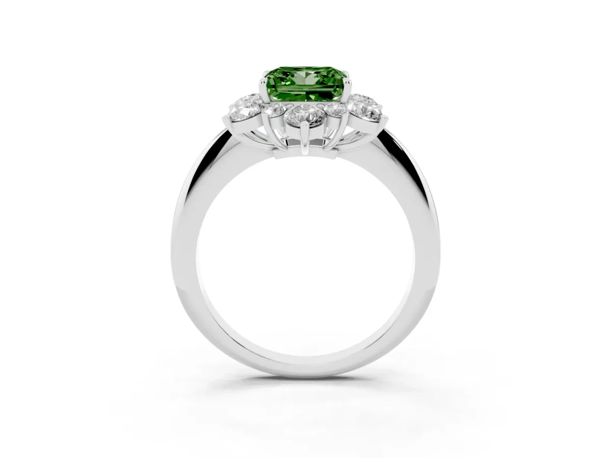 Fancy Green Princess Cut Diamond Cluster Halo Ring with Solitaire Band and Four-Prong Setting Platinum