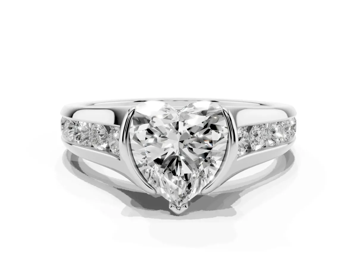 Heart Cut Solitaire Bezel-Set Diamond Ring with Channel-Set Band Platinum
