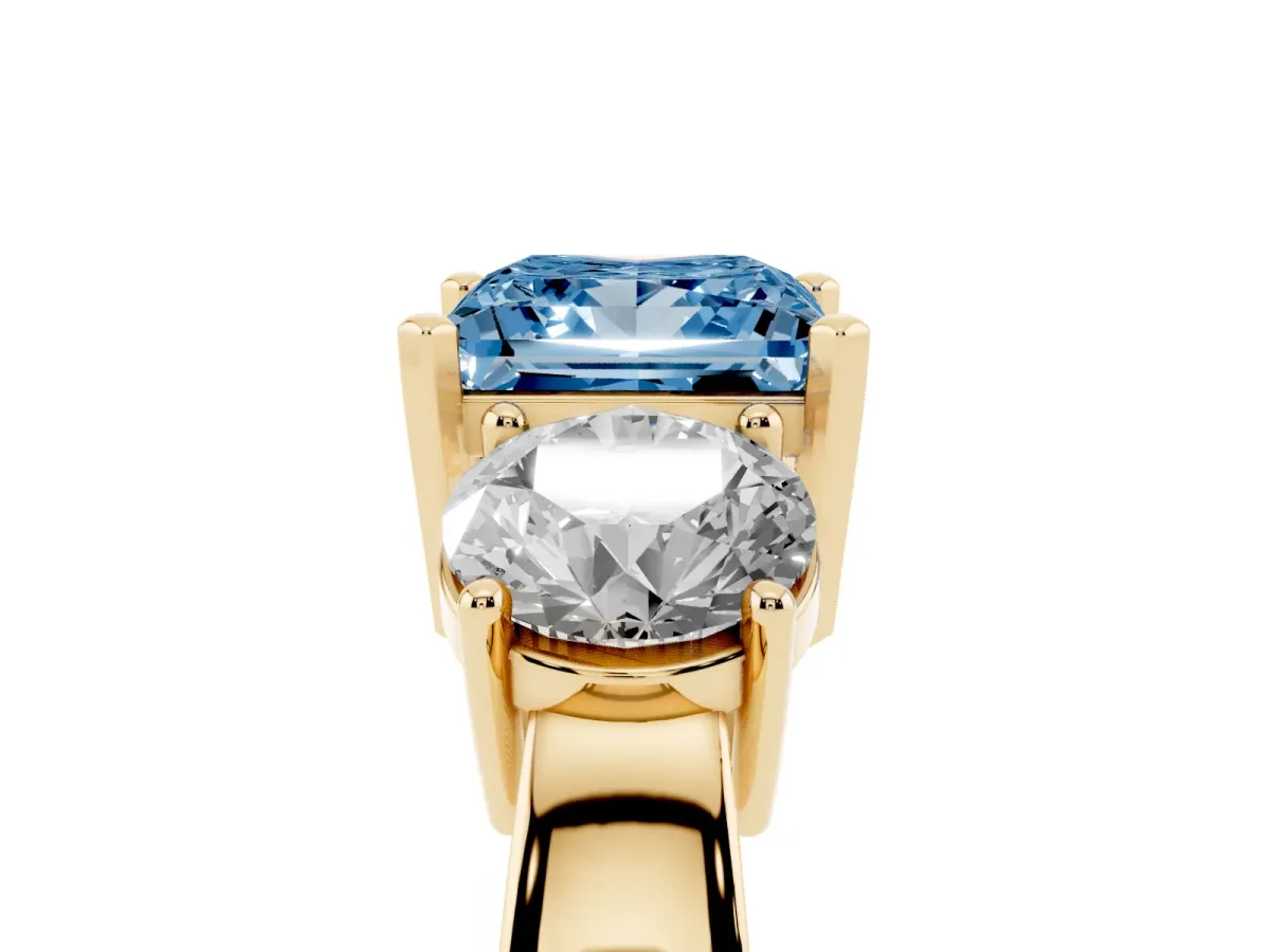Fancy Blue Three-Stone Princess Cut Diamond Ring with Round Side Stones, Classic Band, and Four-Prong Setting Yellow gold