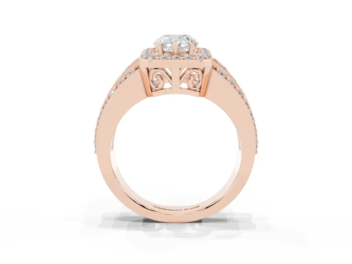 Pear Cut Halo Diamond Ring with Round Split Shank and Prong Setting Rose gold