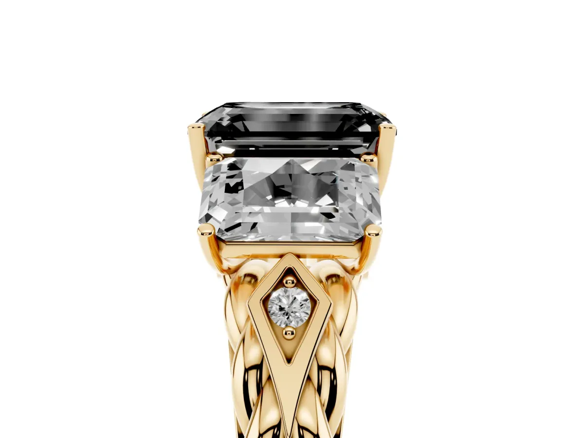 Fancy Black Three-Stone Emerald Cut Diamond Braided Band Ring with Four-Prong Setting Yellow gold