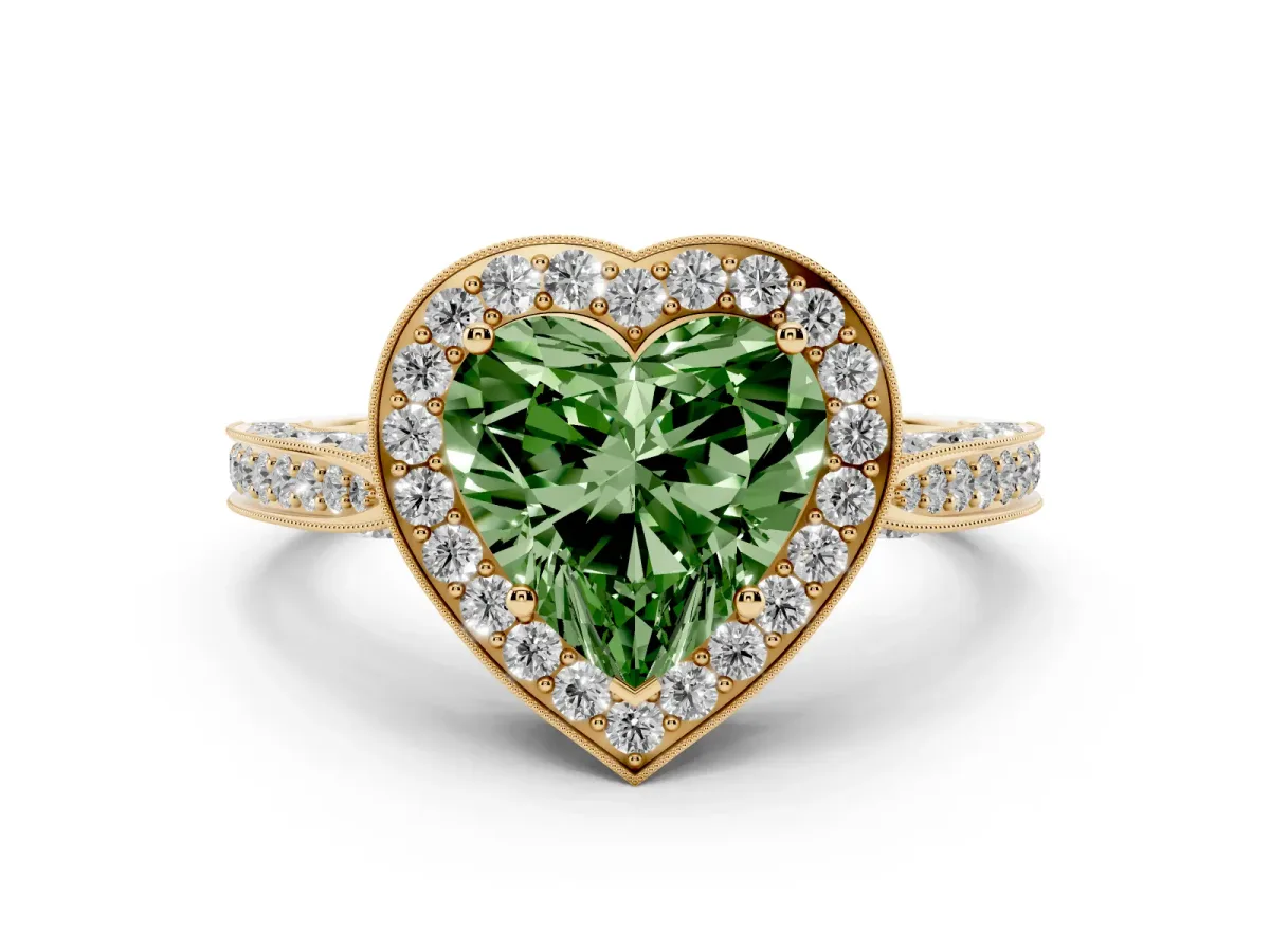 Fancy Green Heart Cut Halo Diamond Engagement Ring with Split Shank Band and Four-Prong Setting Yellow gold