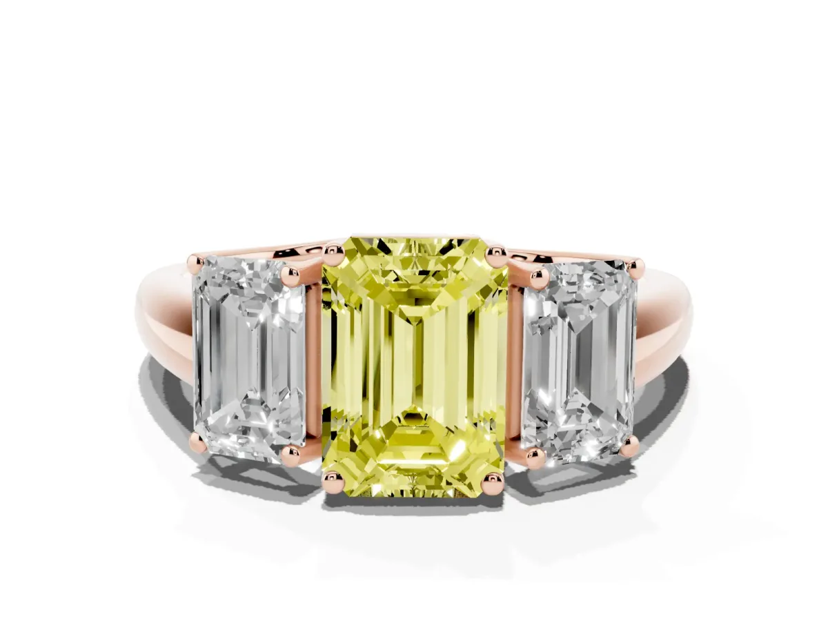 Fancy Yellow Three-Stone Emerald Cut Diamond Engagement Ring with Prong Setting Rose gold