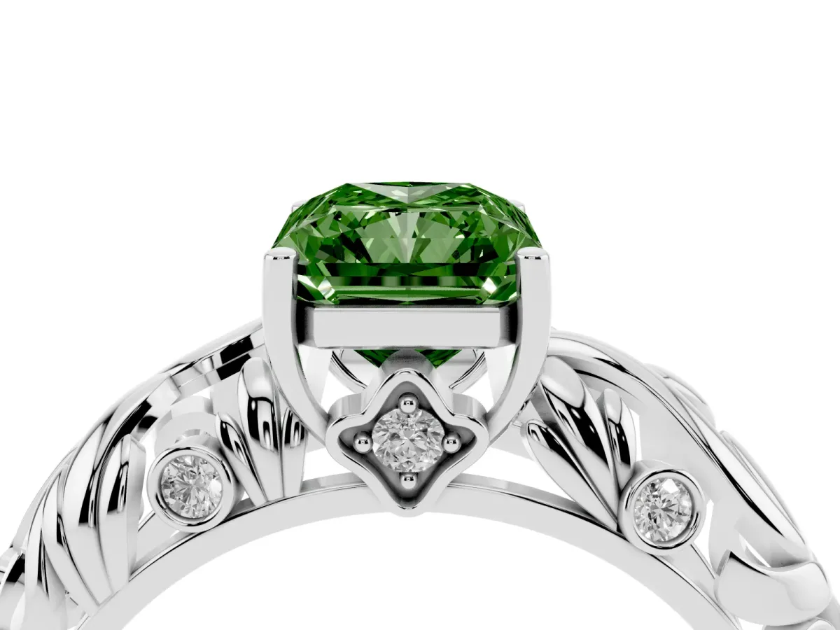 Fancy Green Radiant Cut Solitaire Diamond Leaf-Inspired Vine Band Ring with Prong Setting Silver