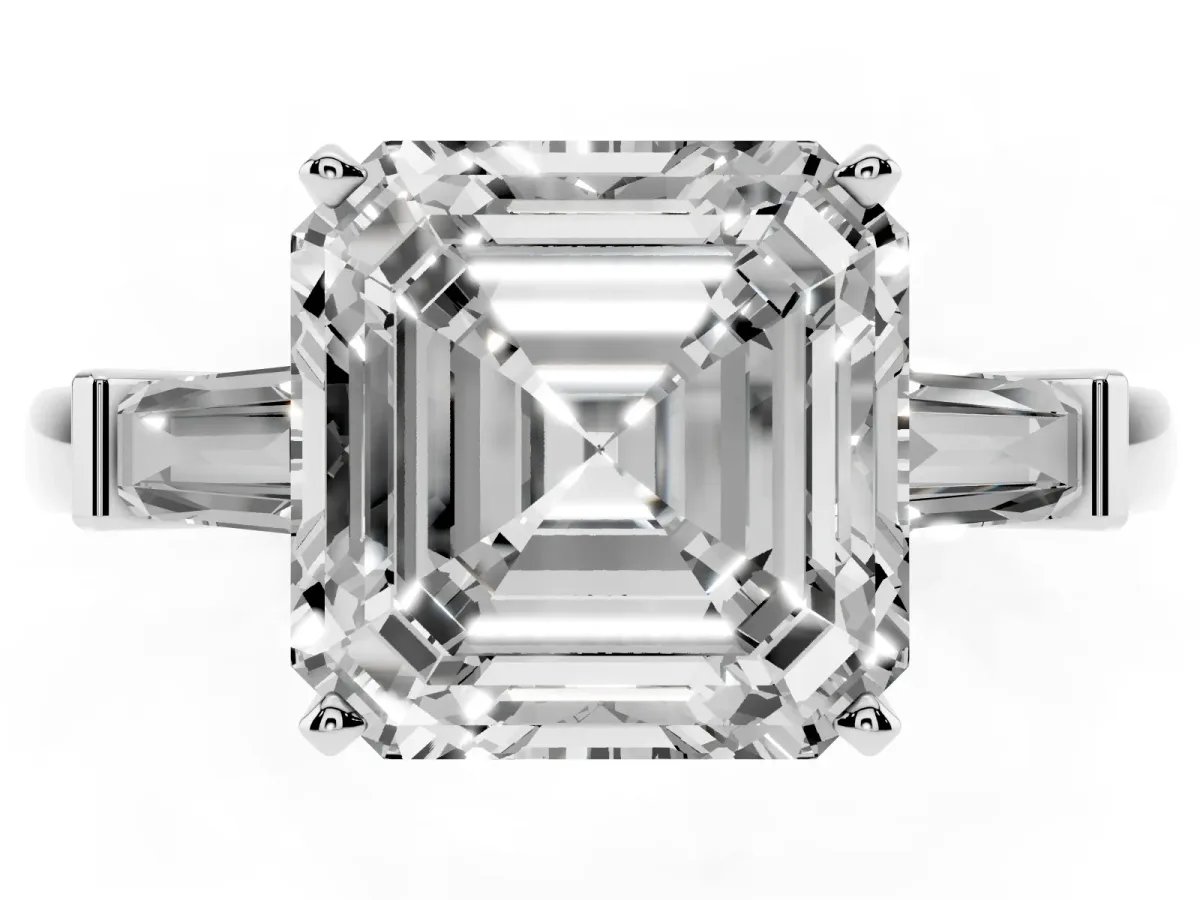 Asscher Cut Cut Diamond Solitaire Ring with Tapered Baguette Accents and Four-Prong Setting Platinum
