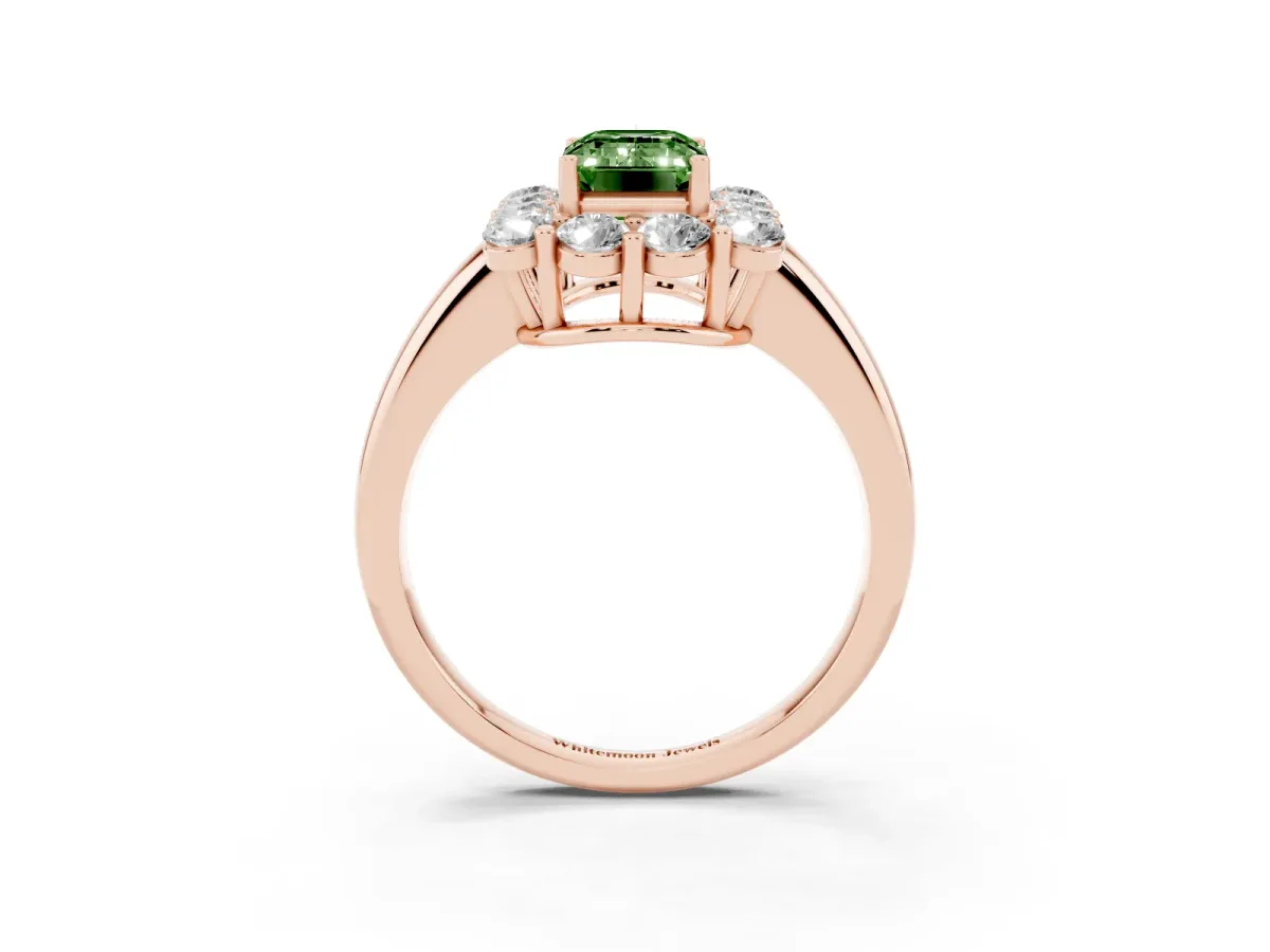 Fancy Green Emerald Cut Halo Cluster Diamond Engagement Ring with Prong Setting and Polished Band Rose gold