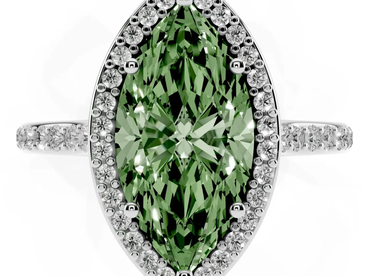 Fancy Green Marquise Cut Diamond Halo Engagement Ring with Round Pavé Shoulders and Prong Setting White gold