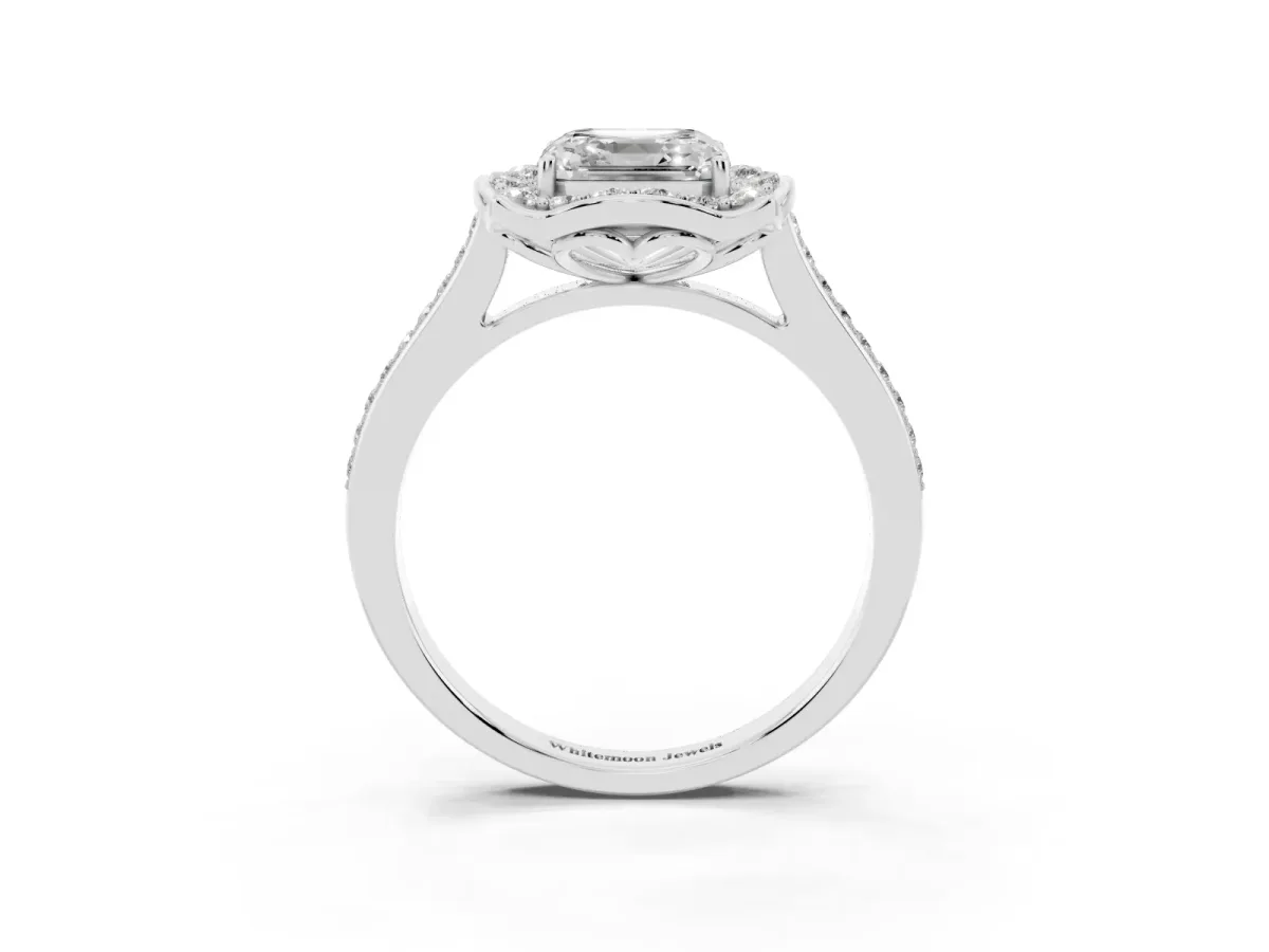 Asscher Cut Halo Round Diamond Pave Band with Four-Prong Setting Silver