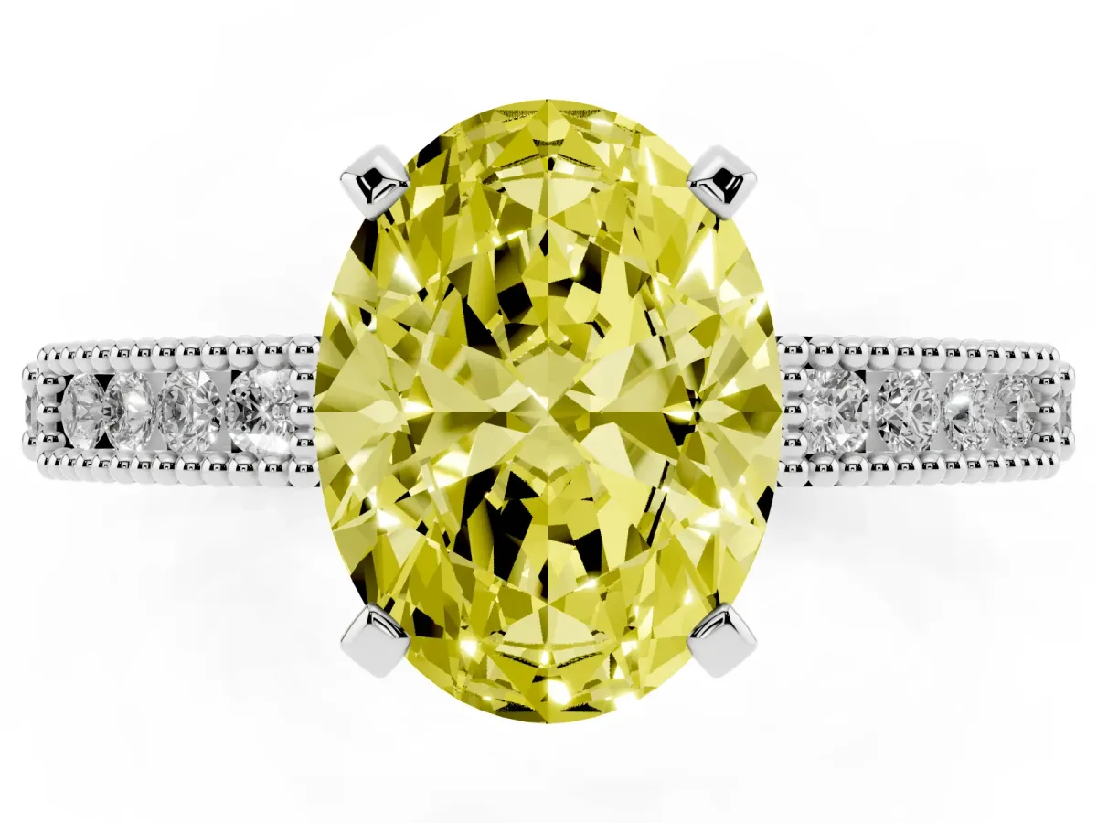 Fancy Yellow Oval Cut Solitaire with Pavé Band and Four-Prong Setting Silver