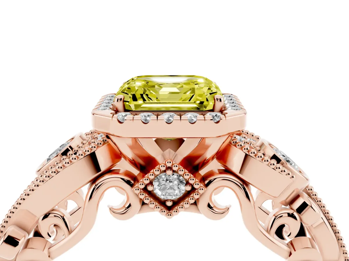Fancy Yellow Asscher Cut Diamond Halo Ring with Milgrain Pavé Band and Four-Prong Setting Rose gold