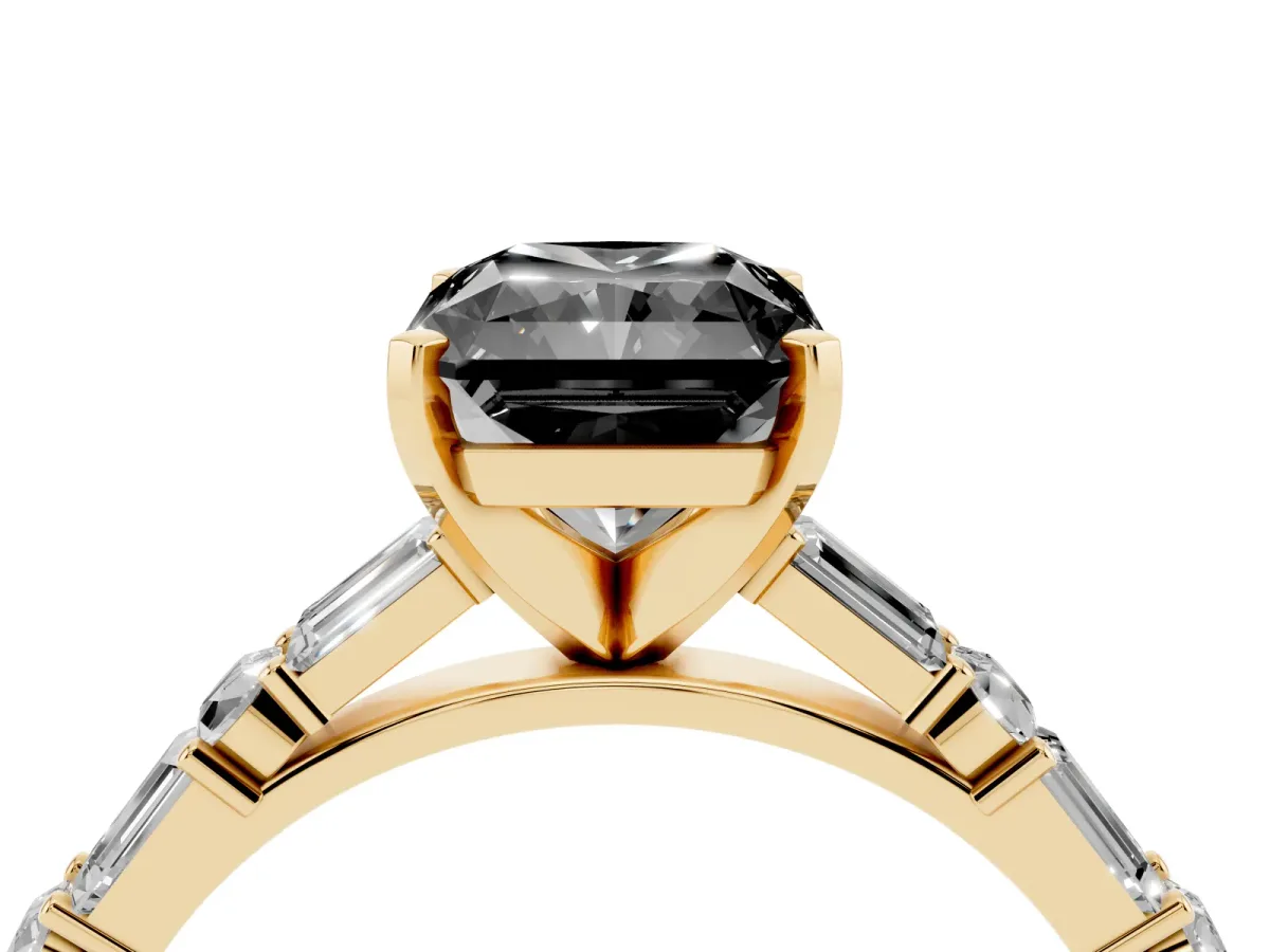 Fancy Black Radiant Cut Diamond Solitaire with Side Baguettes and Channel Set Band Yellow gold
