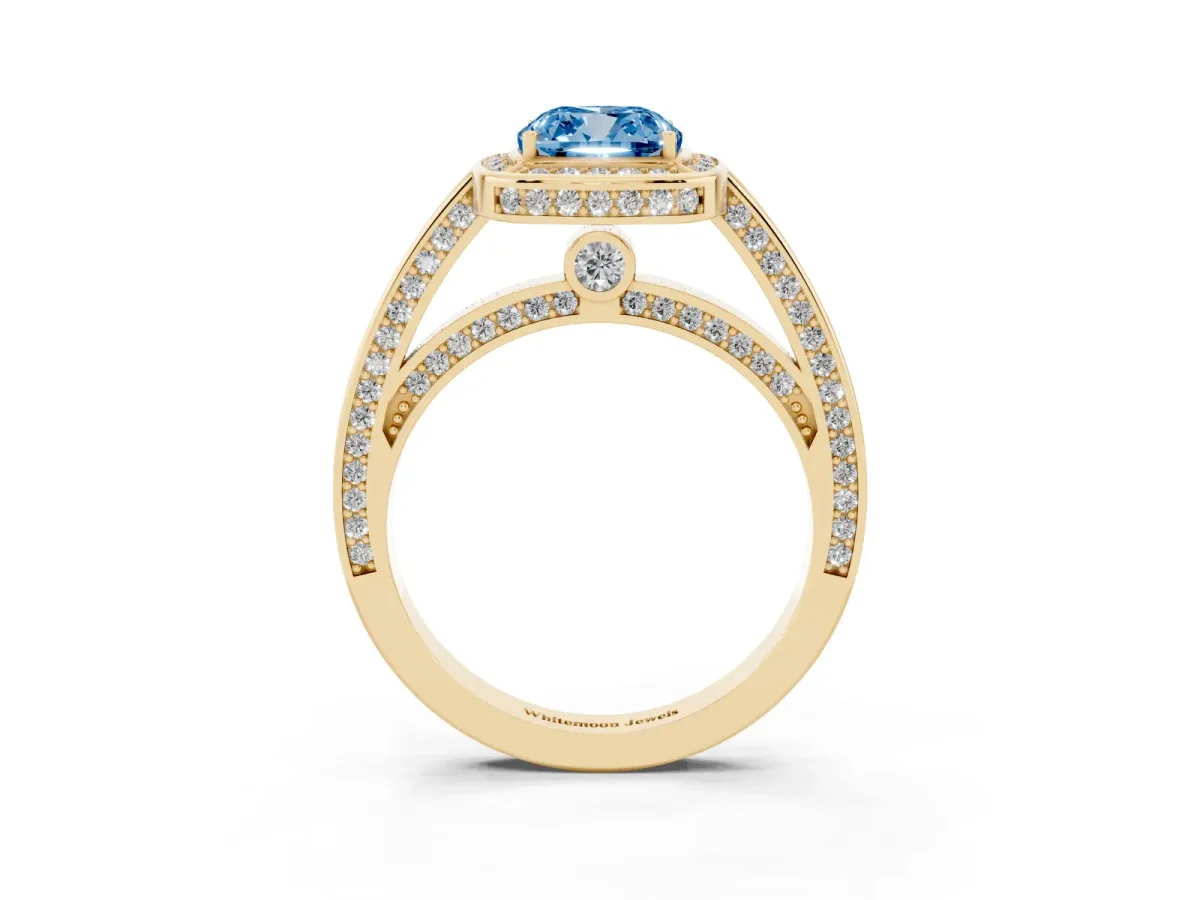 Fancy Blue Cushion Cut Cut Halo Pave Split Shank Prong Setting Ring Yellow gold