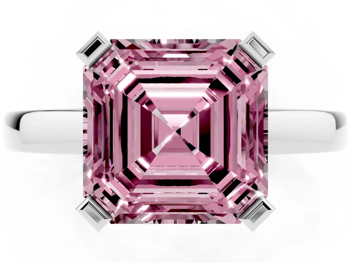 Fancy Pink Asscher Cut Cut Solitaire Ring with Four-Prong Setting and Classic Band Silver