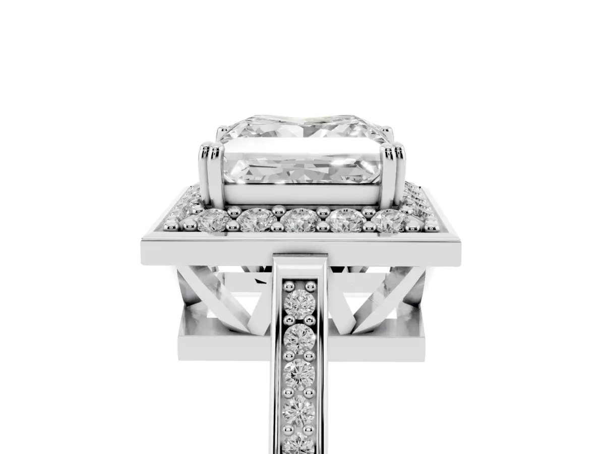 Princess Cut Diamond Halo Ring with Split Shank and Four-Prong Setting White gold