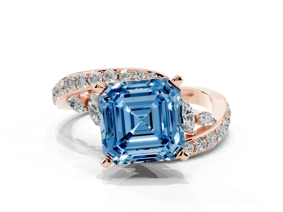 Fancy Blue Asscher Cut Solitaire with Pavé Twist Band and Four-Prong Setting Rose gold