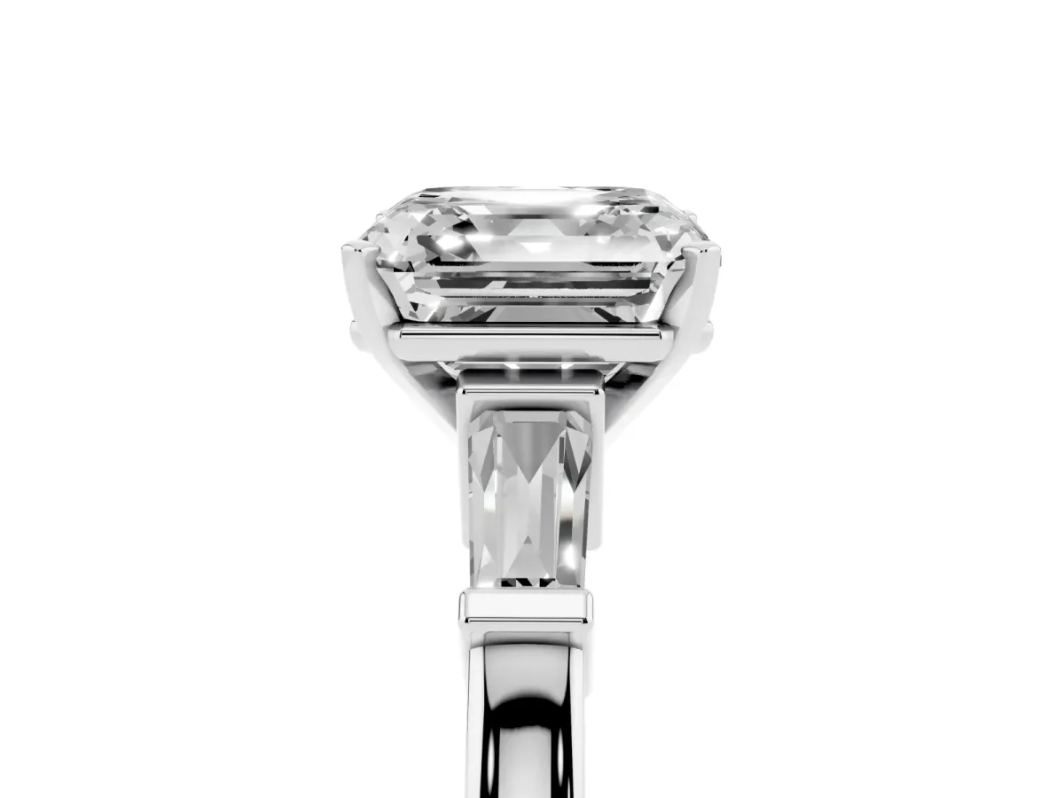Asscher Cut Cut Diamond Solitaire Ring with Tapered Baguette Accents and Four-Prong Setting Platinum