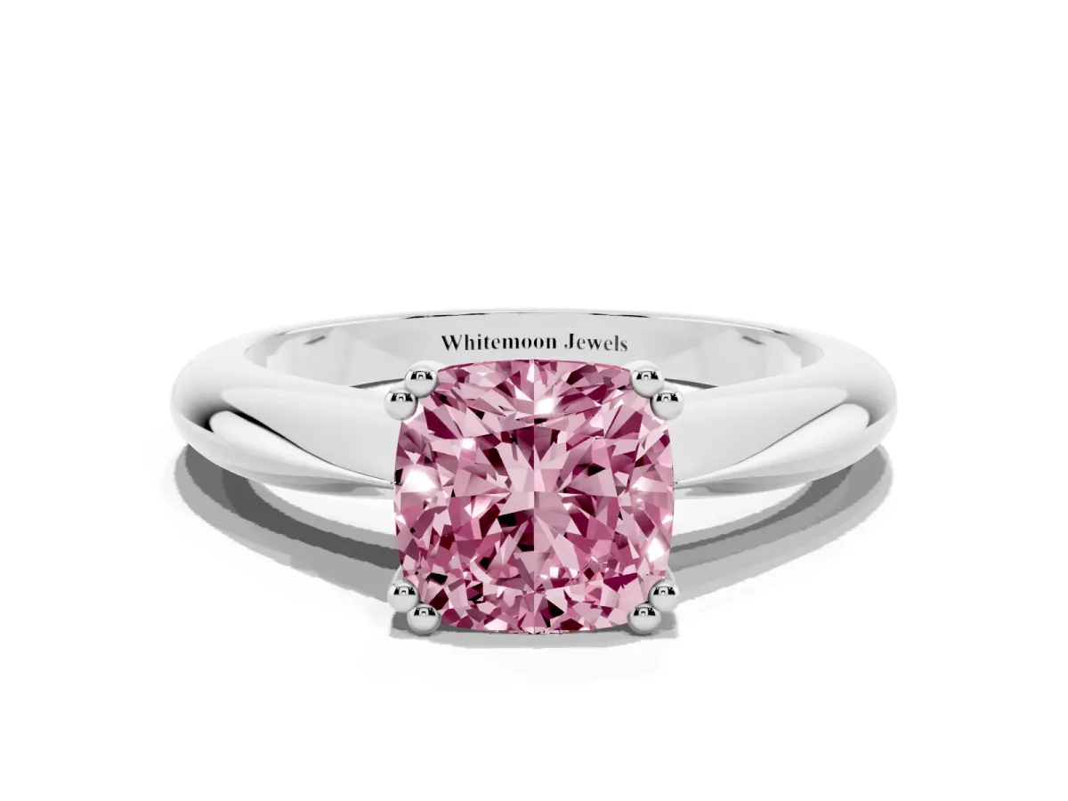 Fancy Pink Cushion Cut Cut Solitaire Engagement Ring with Tapered Band and Four-Prong Setting Silver