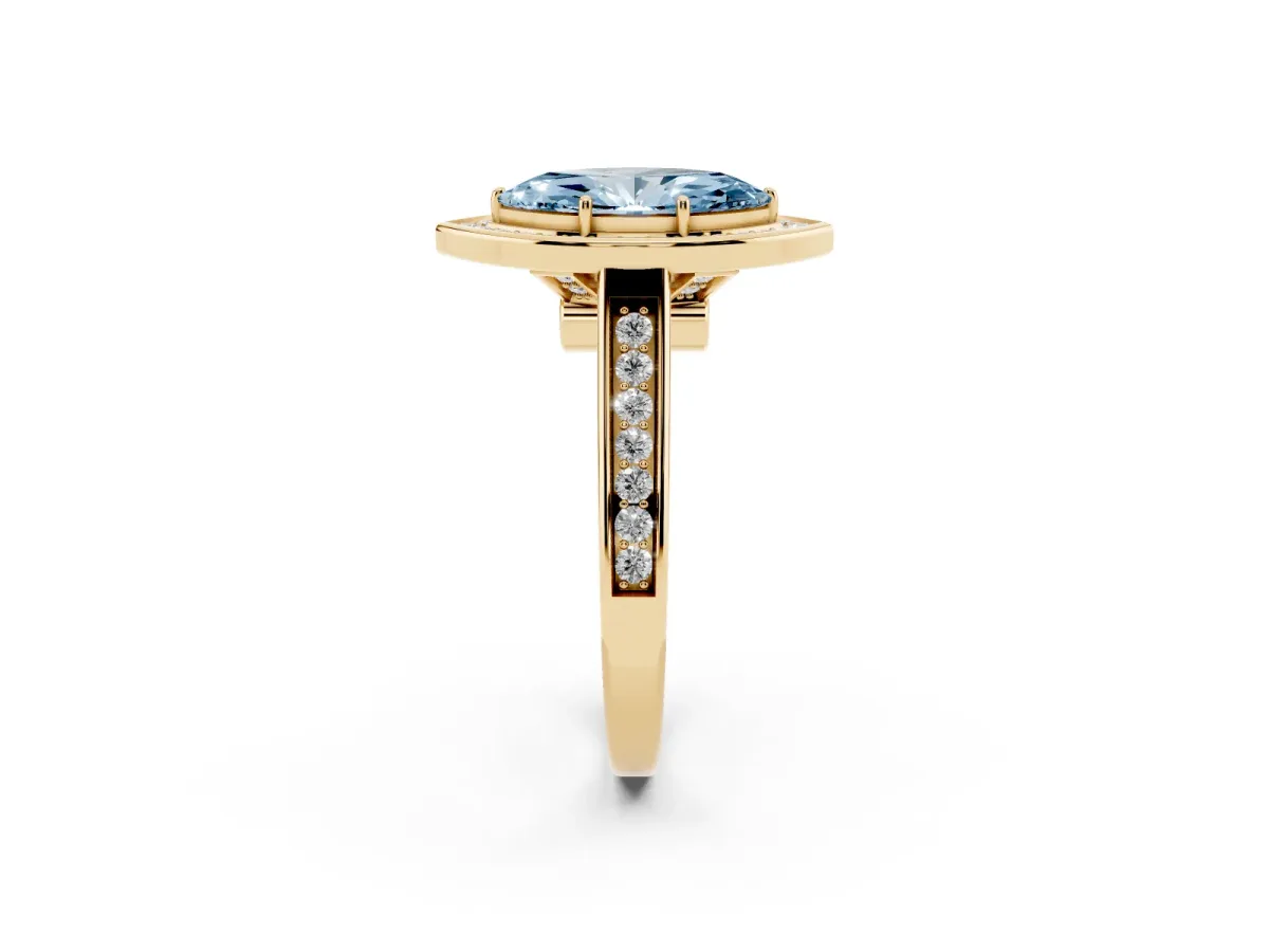 Fancy Blue Marquise Cut Halo Solitaire Diamond Ring with Pave Band and Bezel Setting Yellow gold