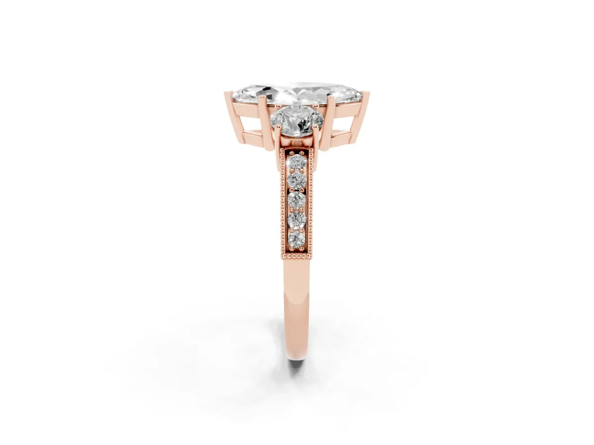 Marquise Cut Three-Stone Diamond Ring with Pavé Band and Four-Prong Setting Rose gold