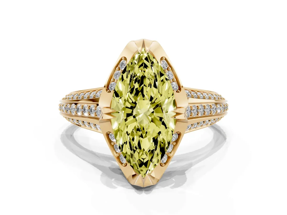 Fancy Yellow Marquise Cut Solitaire Pave Split Shank Ring with Four-Prong Setting Yellow gold