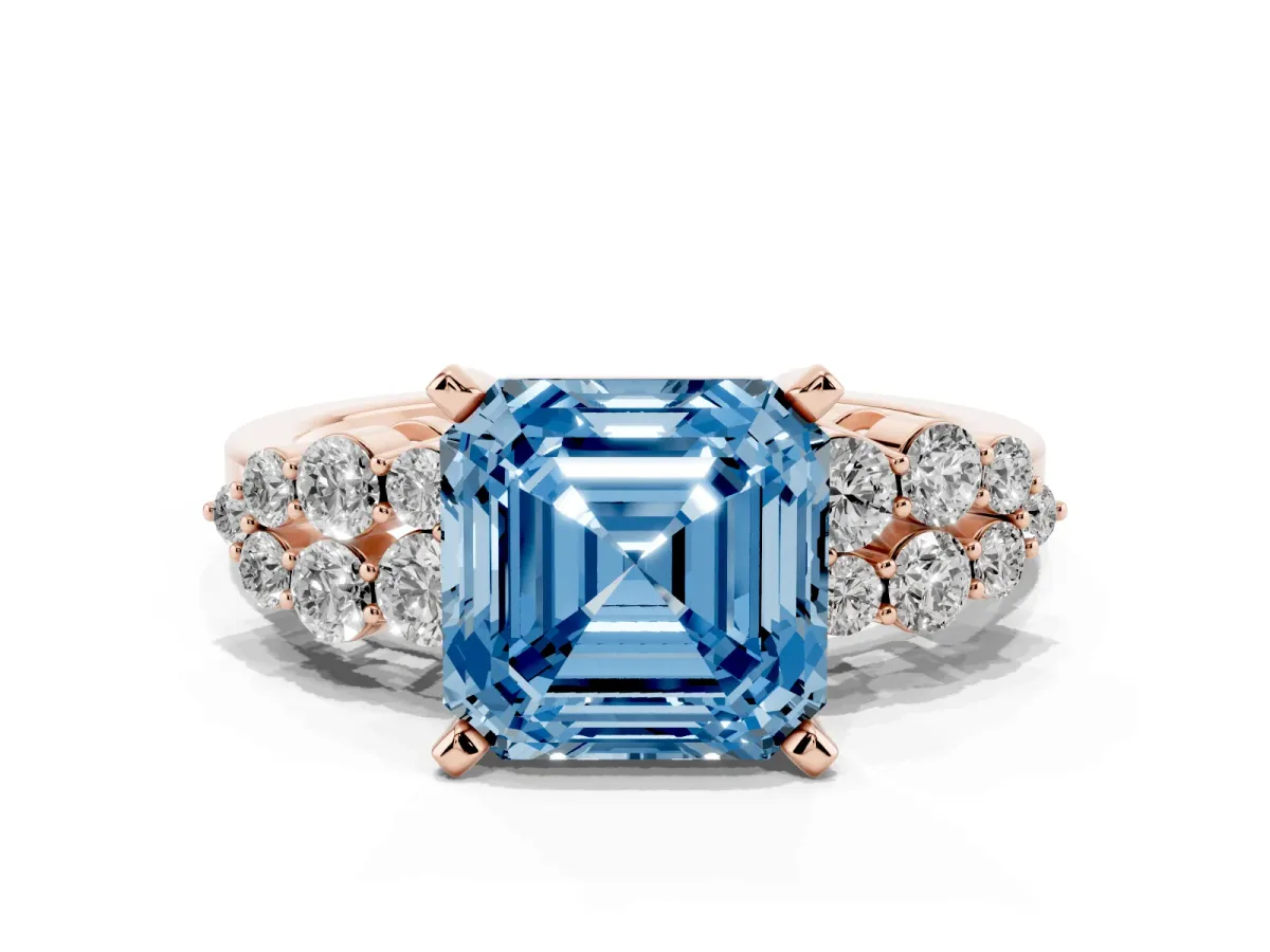 Fancy Blue Asscher Cut Cluster Diamond Engagement Ring with Pavé Band and Four-Prong Setting Rose gold