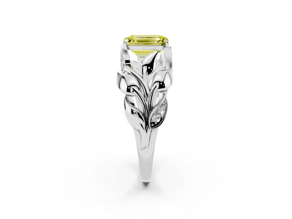 Fancy Yellow Emerald Cut Diamond Leaf-Inspired Engagement Ring with Round Accents and Prong Setting Platinum