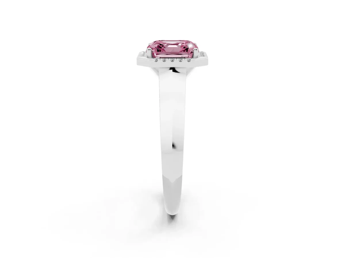 Fancy Pink Asscher Cut Halo Diamond Ring with Cathedral Band and Four-Prong Setting White gold